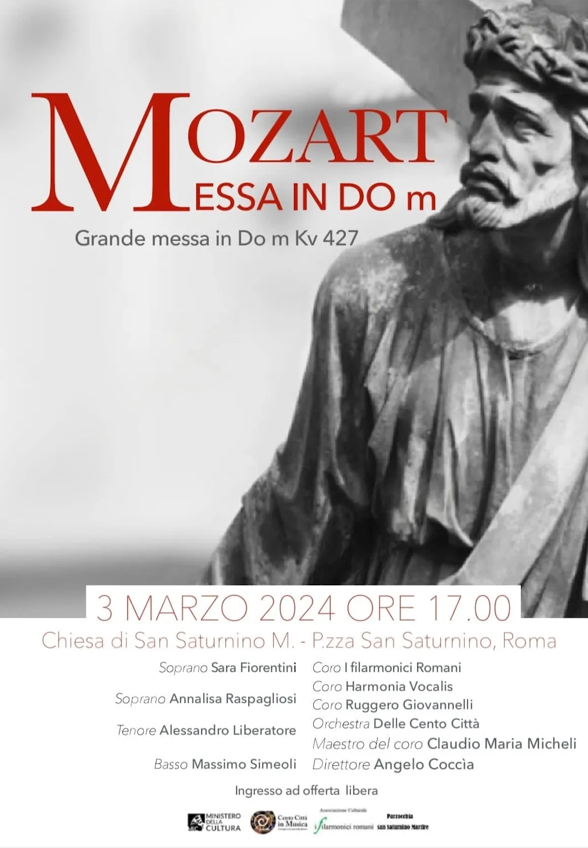 Poster: Mozart, Great Mass in C minor K. 427, sunday 3 March 2024, Rome