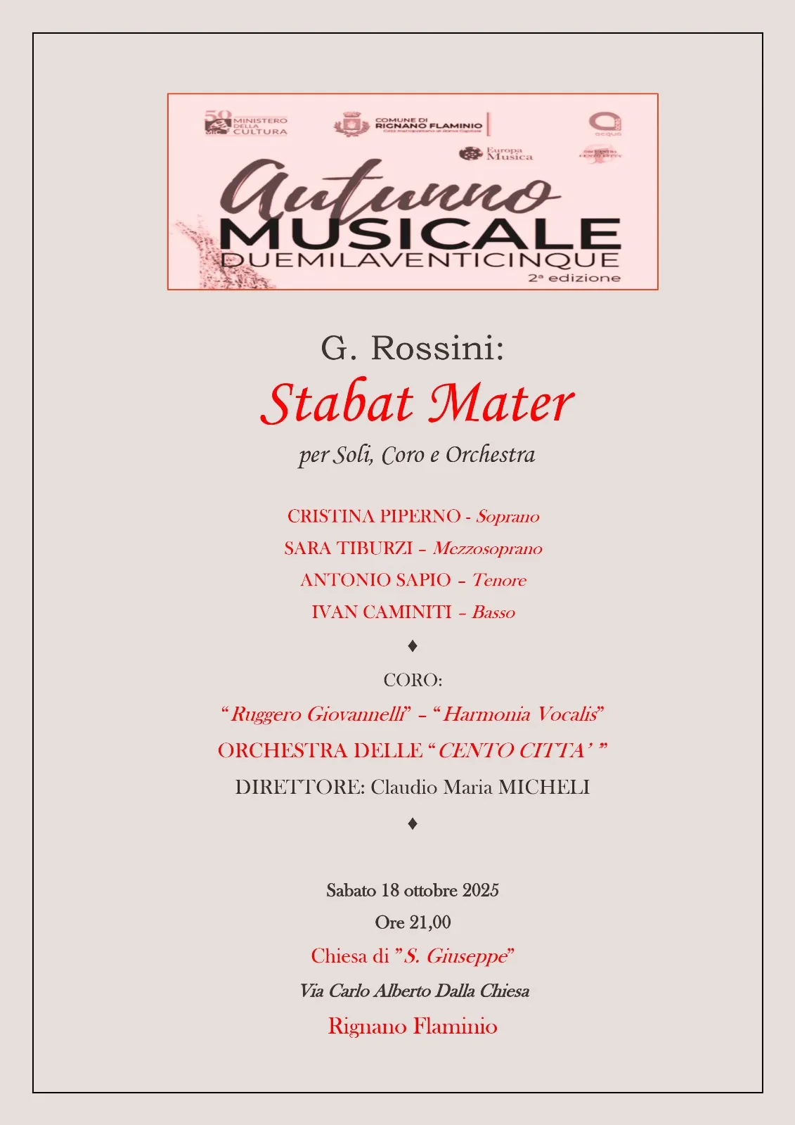 Poster: Rossini, Stabat Mater, saturday 18 October 2025, Rignano Flaminio (RM)